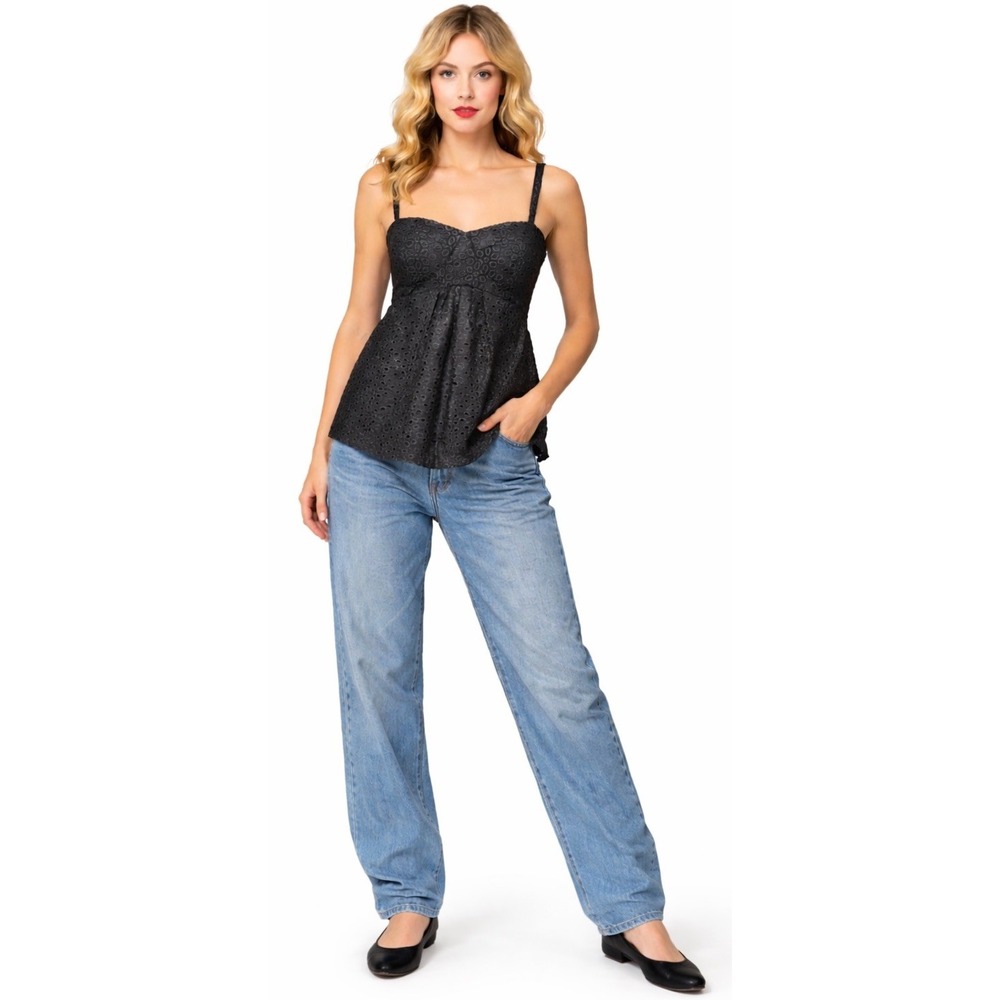 Vtg Black Eyelet Babydoll Cami Top 2 Y2K Empire Waist Tank Top Whimsigoth Grunge
